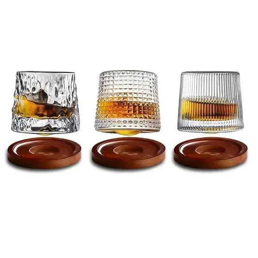 160ML Rotatable Whiskey Glass Cup Barware Old Fashioned Wine Glass with Wooden Base for Liquor Scotch Bourbon Bar Glassware Tool