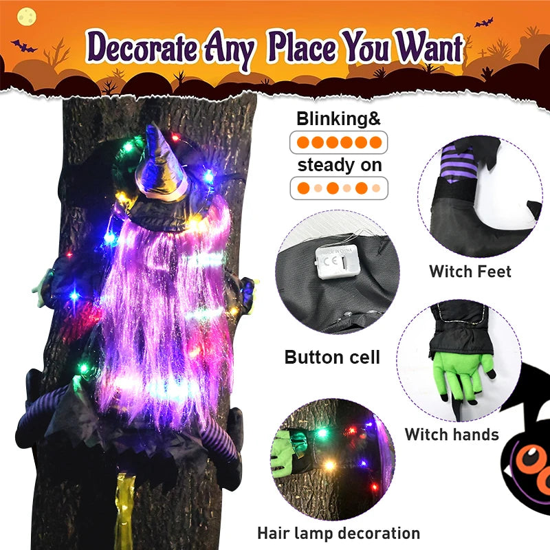 2 Modes Halloween Crashing Witch into Tree Decoration Halloween Light Up Hanging Decorations with Glowing Luminous Warning Sign