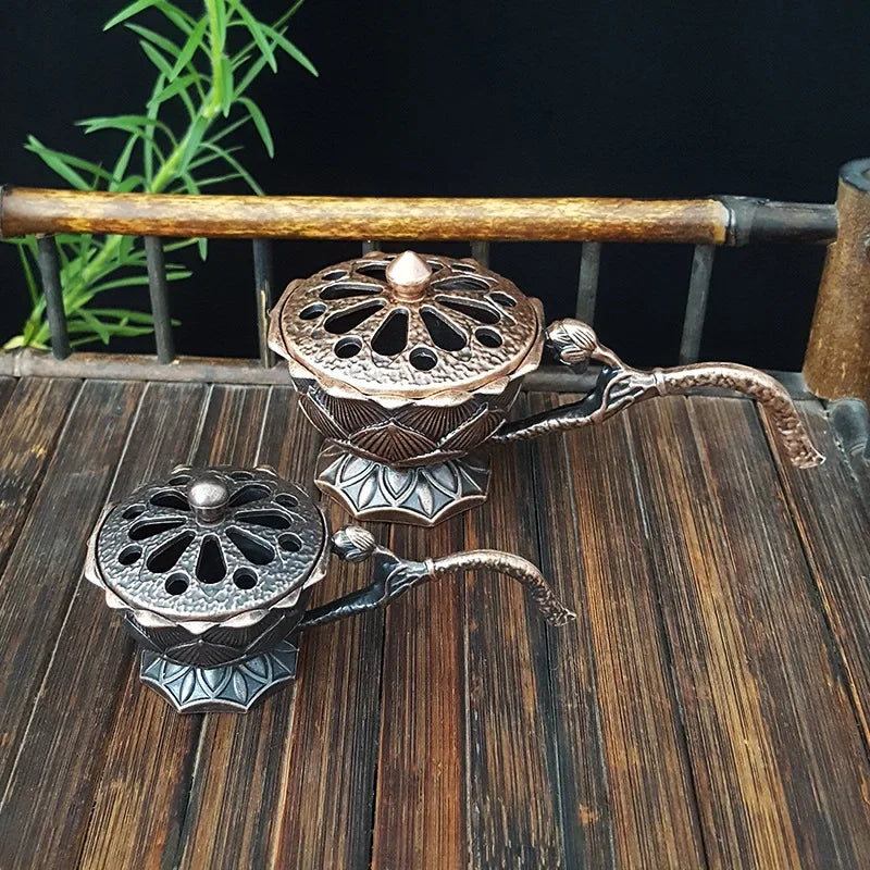 Lotus Flower Incense Burner With Handle Retro Copper Lotus Hollow Out Incense Stick Burner Brass Small Metal Craft Home Decor