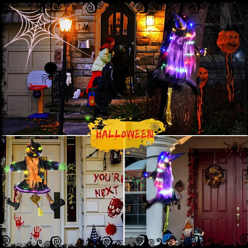 2 Modes Halloween Crashing Witch into Tree Decoration Halloween Light Up Hanging Decorations with Glowing Luminous Warning Sign