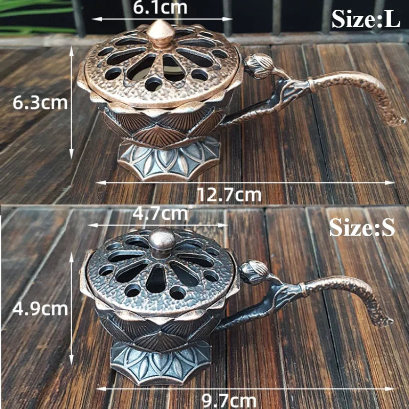 Lotus Flower Incense Burner With Handle Retro Copper Lotus Hollow Out Incense Stick Burner Brass Small Metal Craft Home Decor