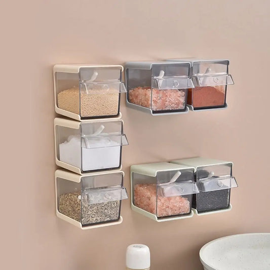 Stylish Plastic Wall-mounted Spice Box Eco-Friendly Punch-Free Seasoning Jar Space Saving with Spoon Seasoning Container Kitchen