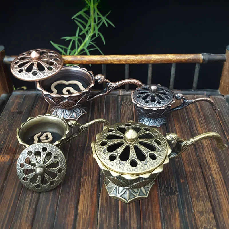 Lotus Flower Incense Burner With Handle Retro Copper Lotus Hollow Out Incense Stick Burner Brass Small Metal Craft Home Decor