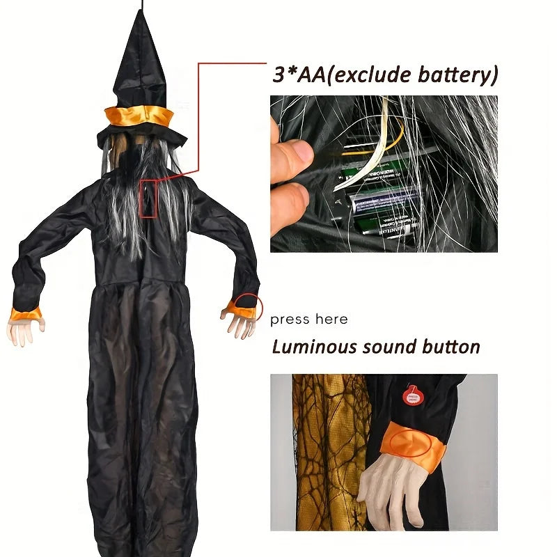 Halloween Spooky Witch Hanging Ghost Talking Witch Decoration Light-up Eyes&Sound Activation Decoration Haunted House Bar Scenes