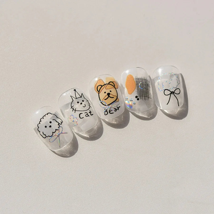 1pcs Cute Sketching Graffiti Animal Cat Dog Rabbit Bear Laser Nail Art Sticker Designs Self Adhesive Decoration Decal Acessories