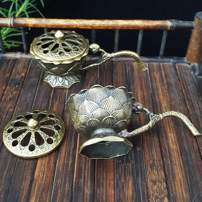 Lotus Flower Incense Burner With Handle Retro Copper Lotus Hollow Out Incense Stick Burner Brass Small Metal Craft Home Decor