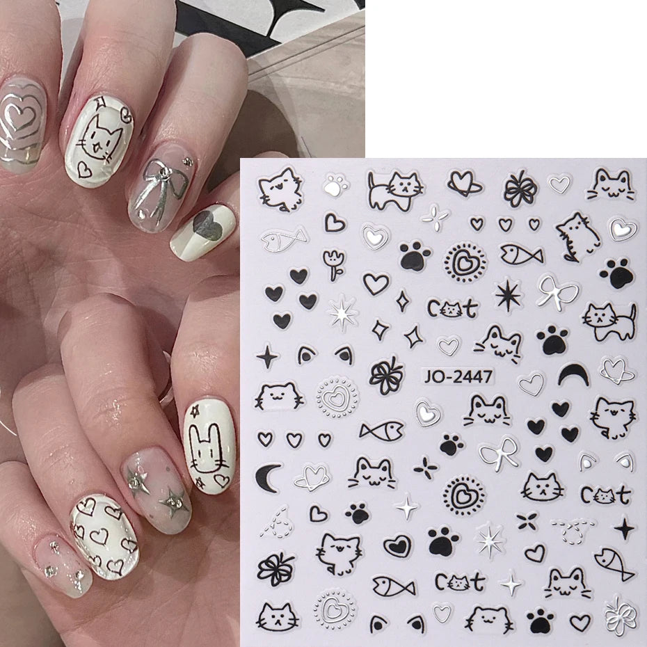 2Pcs Cartoon Cute Cat Nail Childlike Stickers Holographic Love Heart Bronzing Star Sliders Silver Chrome Nail Art Manicure Decor