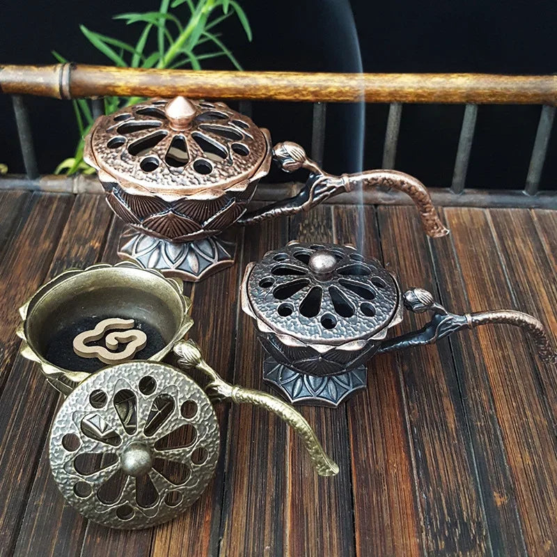 Lotus Flower Incense Burner With Handle Retro Copper Lotus Hollow Out Incense Stick Burner Brass Small Metal Craft Home Decor