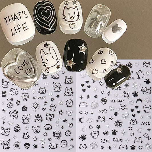 2Pcs Cartoon Cute Cat Nail Childlike Stickers Holographic Love Heart Bronzing Star Sliders Silver Chrome Nail Art Manicure Decor