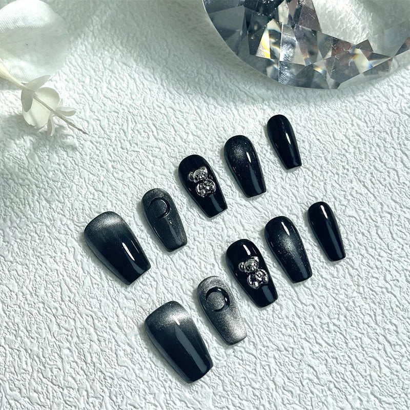 10Pcs Glitter Handmade Press On Nails Full Cover Cat's Eye Black Design Short Coffin False Nails Manicure Wearable Nail Tips Art