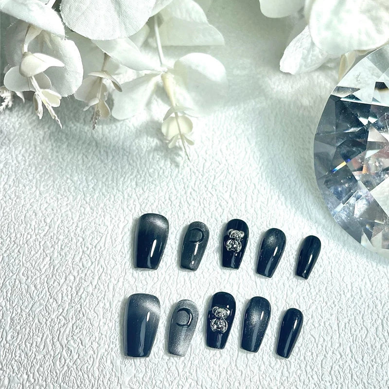 10Pcs Glitter Handmade Press On Nails Full Cover Cat's Eye Black Design Short Coffin False Nails Manicure Wearable Nail Tips Art