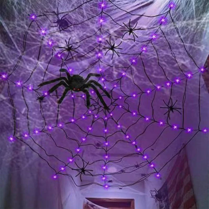 Halloween Spider Web Lights Spider Net LED String Lights with 8 Lamp Mode for Haunted House Halloween Home Window Wall Decor