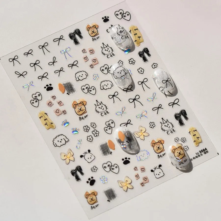 1pcs Cute Sketching Graffiti Animal Cat Dog Rabbit Bear Laser Nail Art Sticker Designs Self Adhesive Decoration Decal Acessories