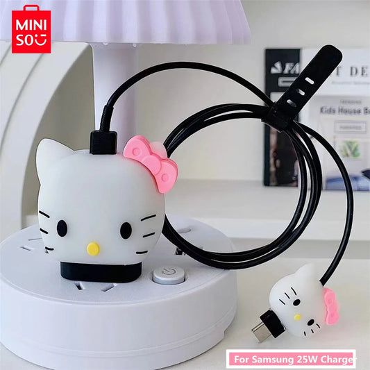 MINISO Cartoon Cable Protector Set For Samsung 25W Charger Original Charger Head Protective Case Data Line Anti Breaking